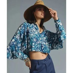 Pilcro Batwing Cropped Drop Sleeve Blouse Hawaiian Floral Print Maximal Size SM‎